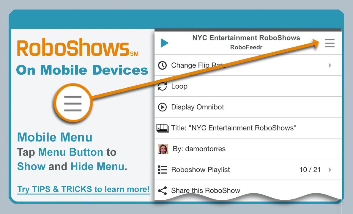 RoboShows on mobile devices: the player menu with flip rate, loop, Omnibot display and playlist